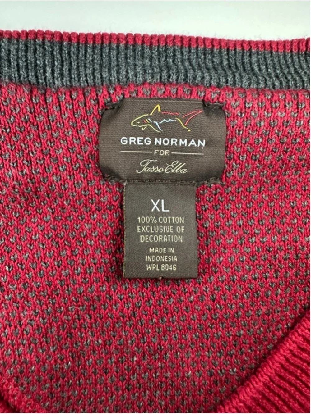 Greg Norman For Tasso Elba Argyle Sweater XL Red Gray V Neck Cotton Golf